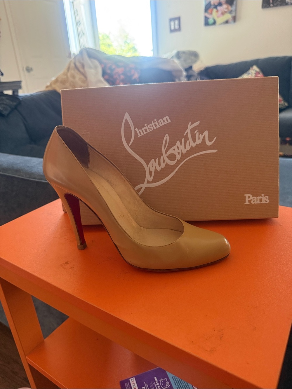 Christian Louboutin Beige Patent Leather Pointed-Toe Pump with Red Sole